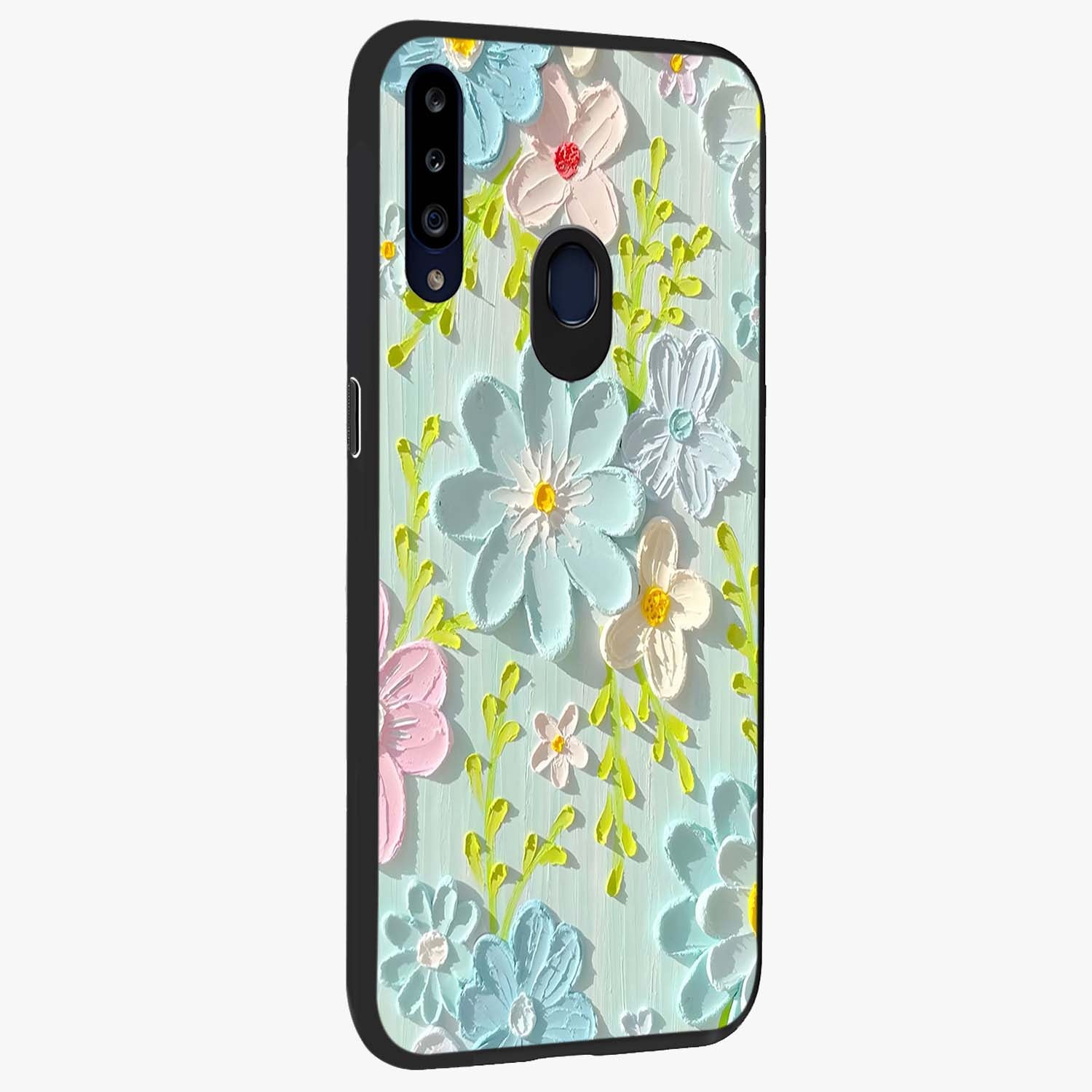 Frosted Petal Garden Glass Case upright view showcasing elegant floral garden artwork with soothing pastel theme.
