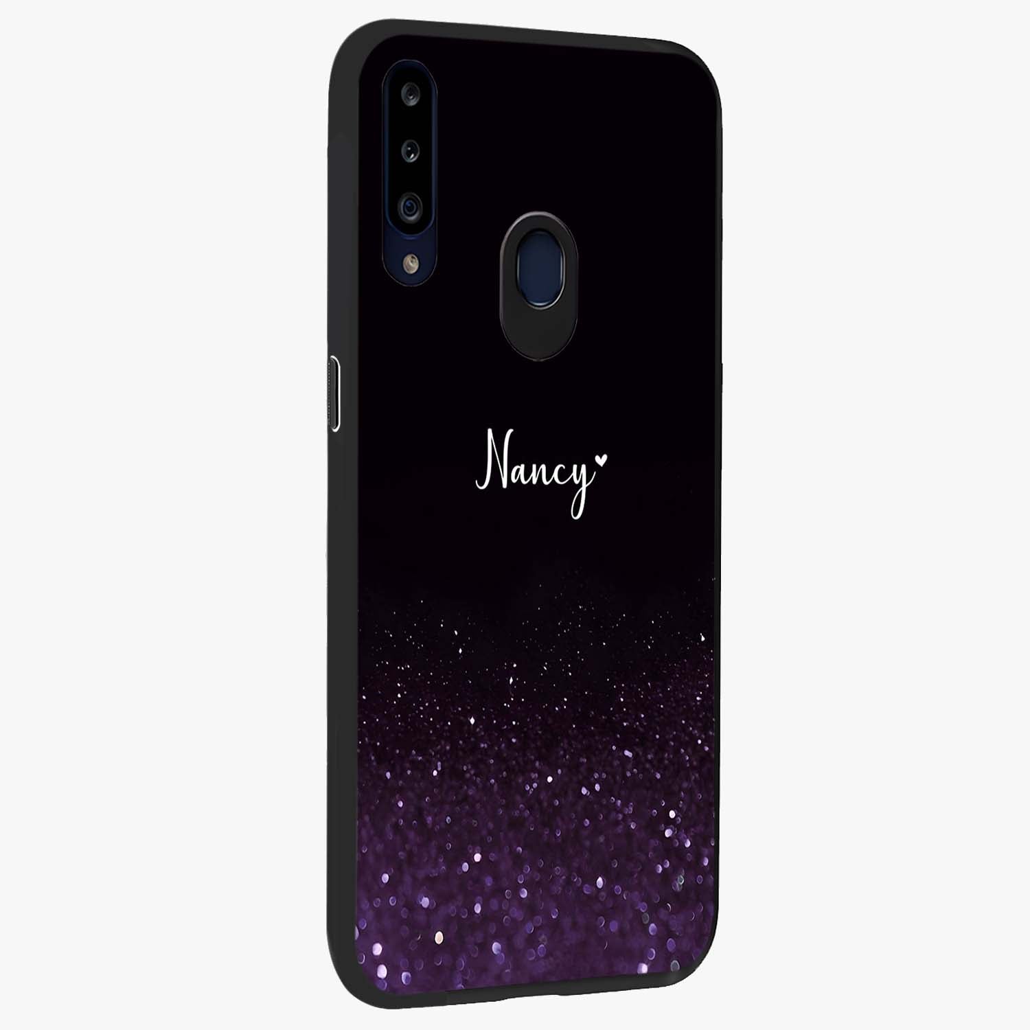 Glittery Purple Bokeh Custom Name Glass Case upright view showcasing vibrant purple sparkle artwork with personalized aesthetic style.