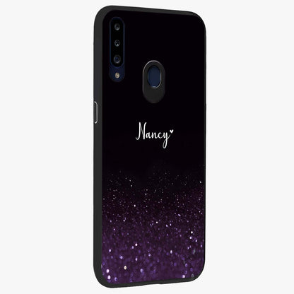 Glittery Purple Bokeh Custom Name Glass Case upright view showcasing vibrant purple sparkle artwork with personalized aesthetic style.