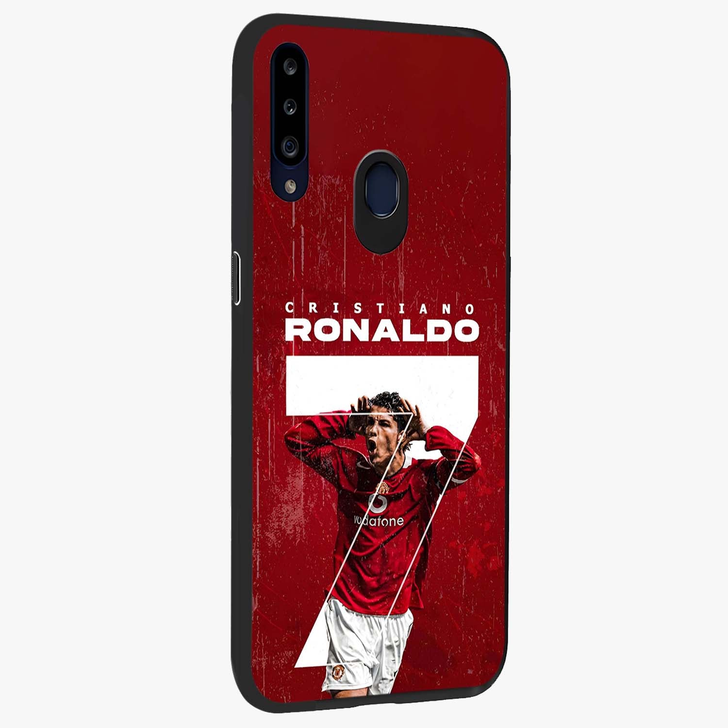 Goal Celebration Legacy Glass Case upright view showcasing dynamic football inspired artwork with victory celebration aesthetic.