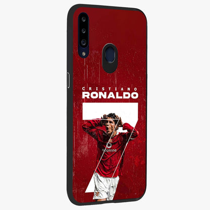 Goal Celebration Legacy Glass Case upright view showcasing dynamic football inspired artwork with victory celebration aesthetic.