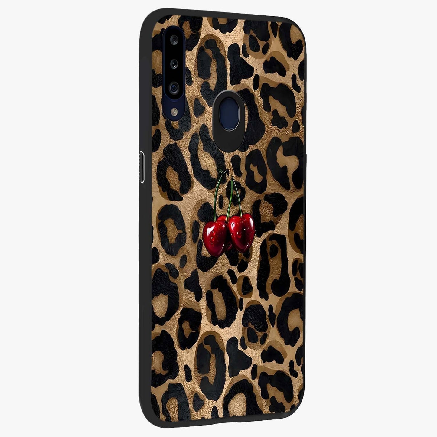 Leopard Wild Cherry Glass Case upright view showcasing stylish leopard pattern artwork with trendy fashion theme.