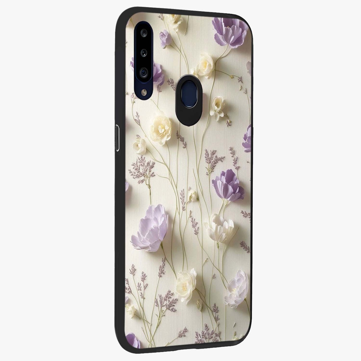 Lilac Breeze Harmony Glass Case upright view showcasing delicate lilac artwork with peaceful floral theme.