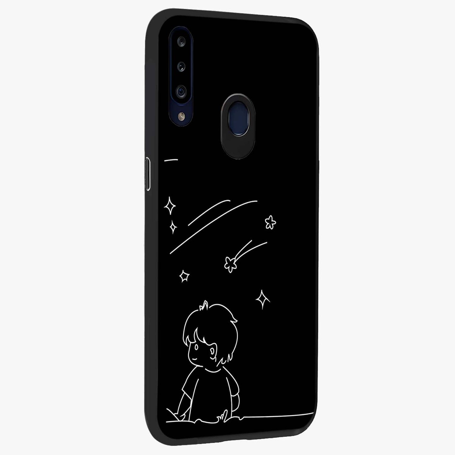 Line Art Boy With Shooting Stars Glass Case upright view showcasing artistic shooting star illustration with minimal style.