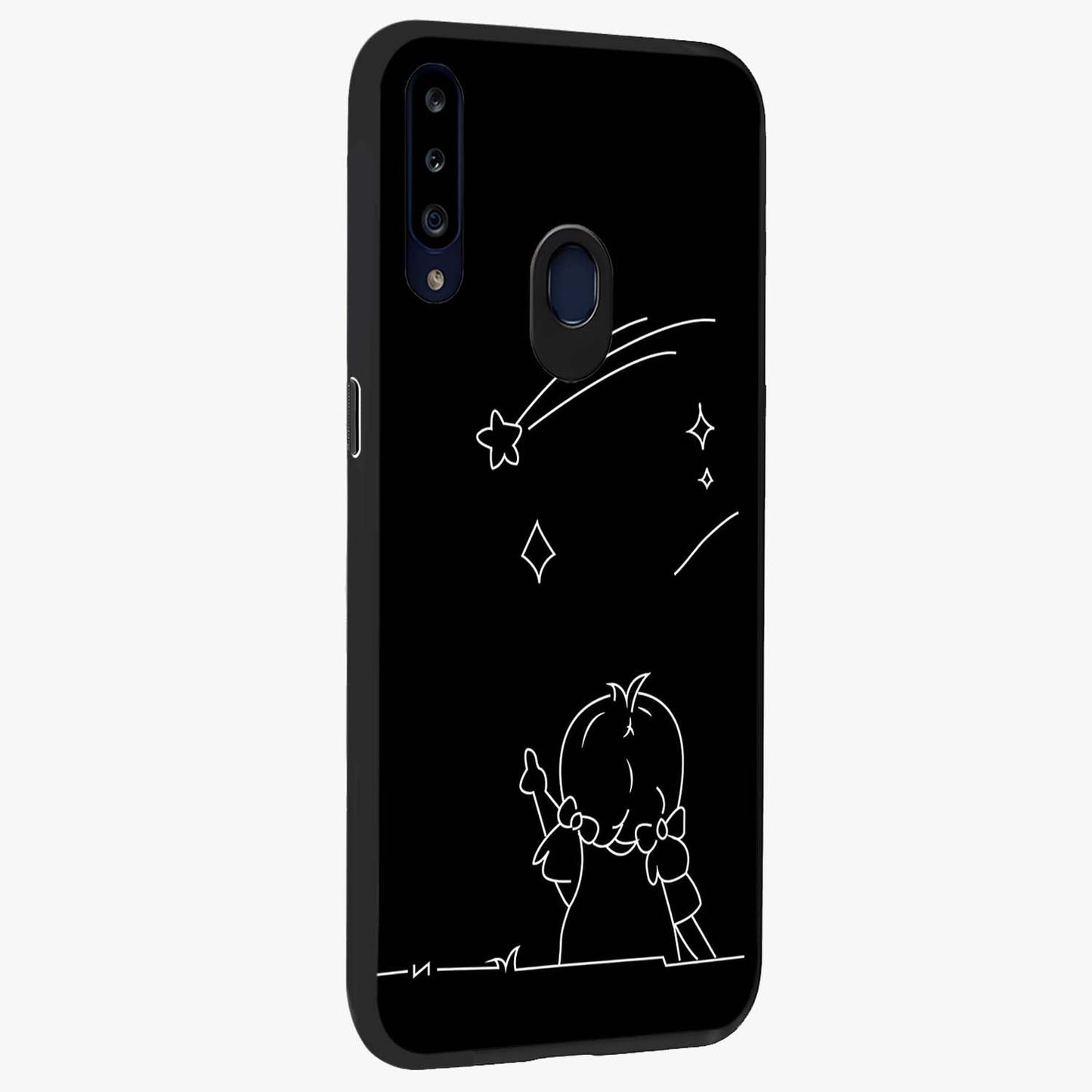 Line Art Girl With Shooting Stars Glass Case upright view showcasing delicate shooting stars artwork with minimal artistic theme.
