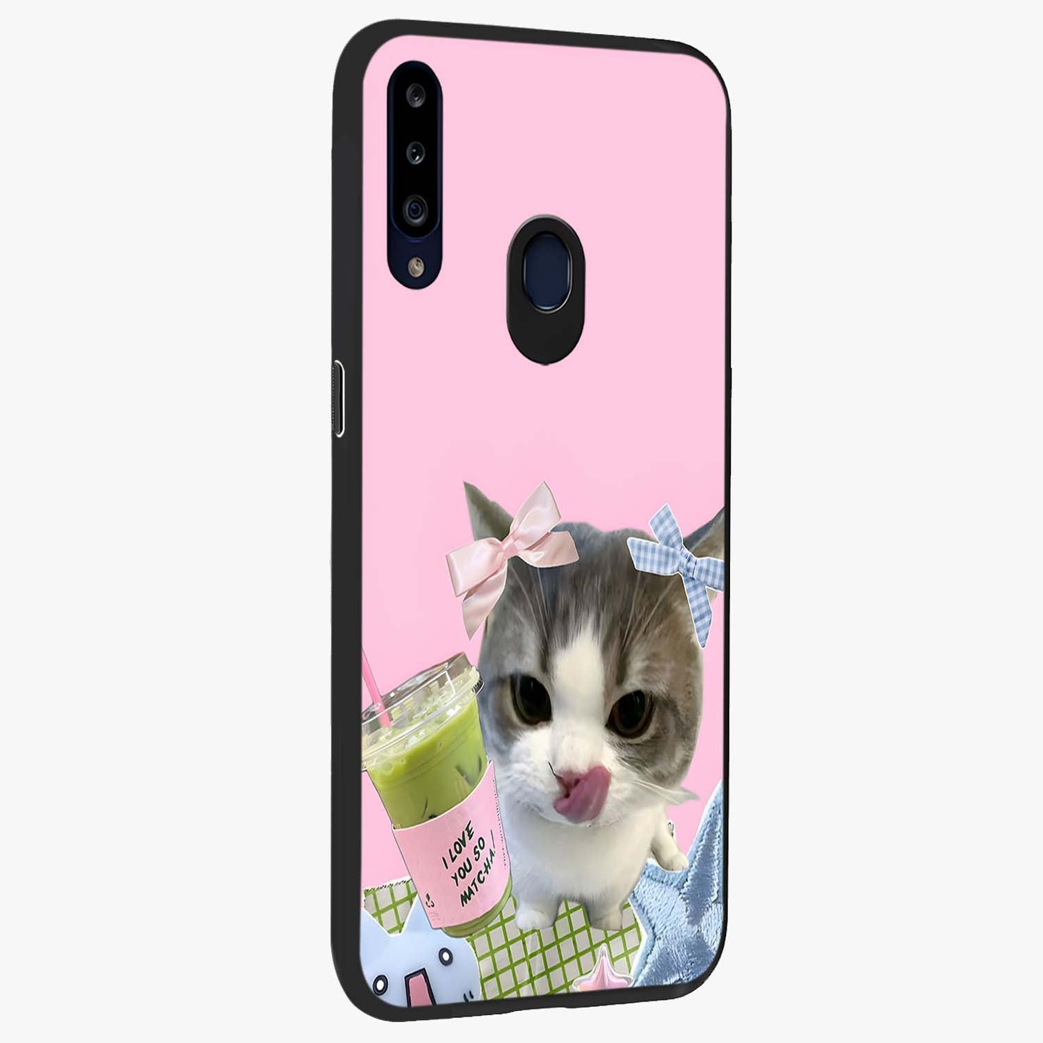 Love Matcha Cat Glass Case upright view showcasing adorable cat artwork with charming matcha themed design.