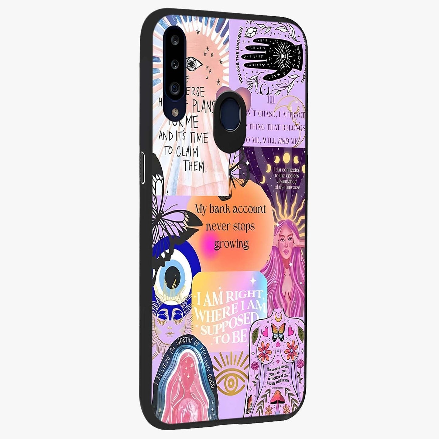 Manifestation Collage Glass Case upright view showcasing artistic manifestation themed artwork with creative style.