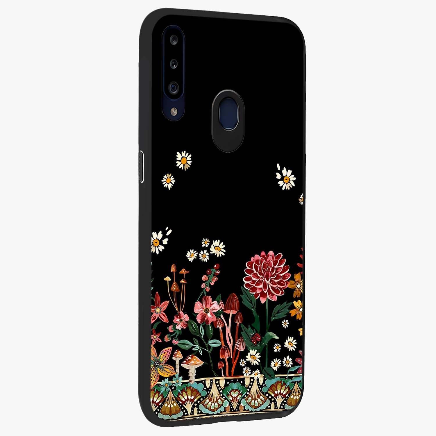 Midnight Bloom Pattern Glass Case upright view showcasing decorative floral artwork with deep night themed palette.