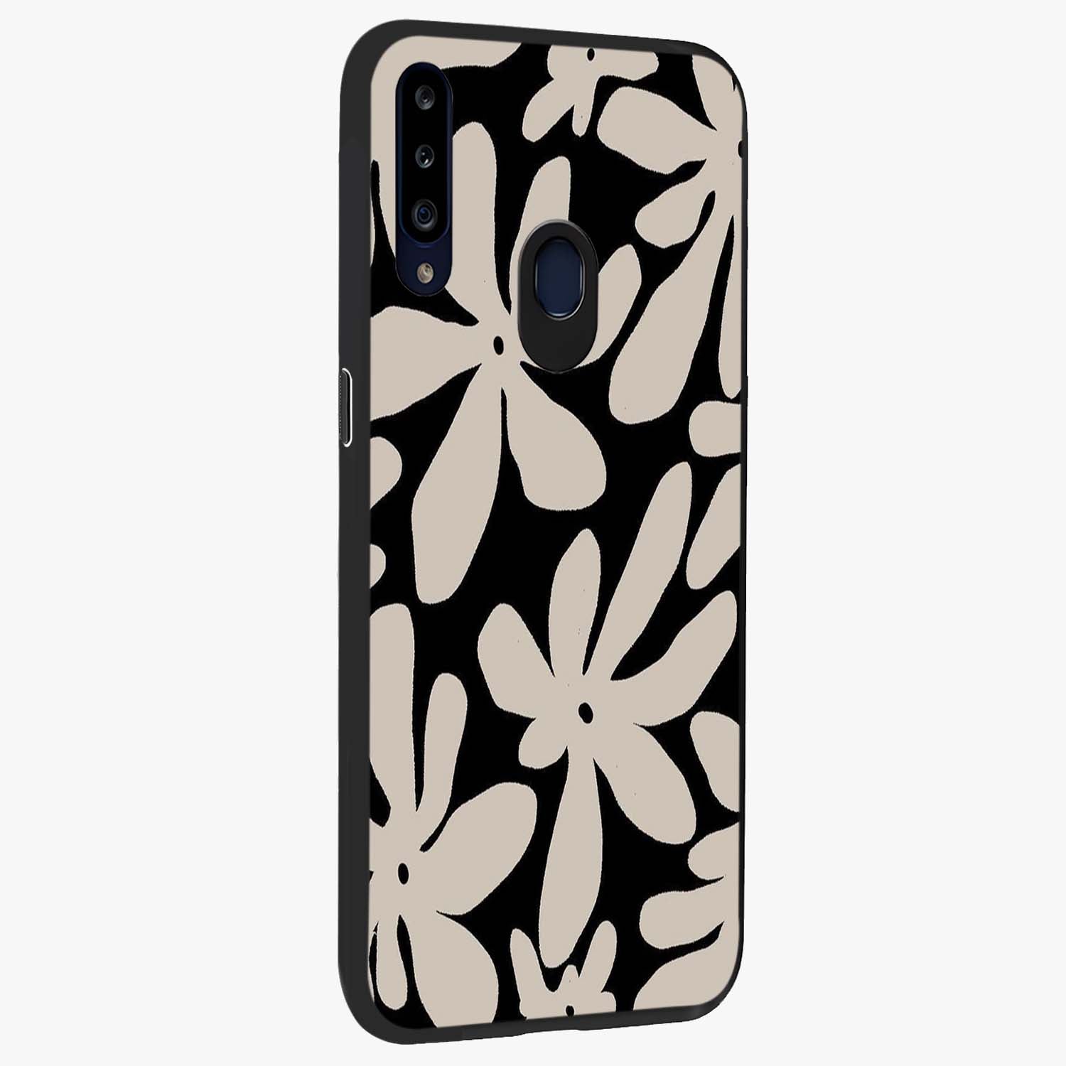 Monochrome Petal Dance Glass Case upright view showcasing artistic floral pattern with stylish monochrome theme.