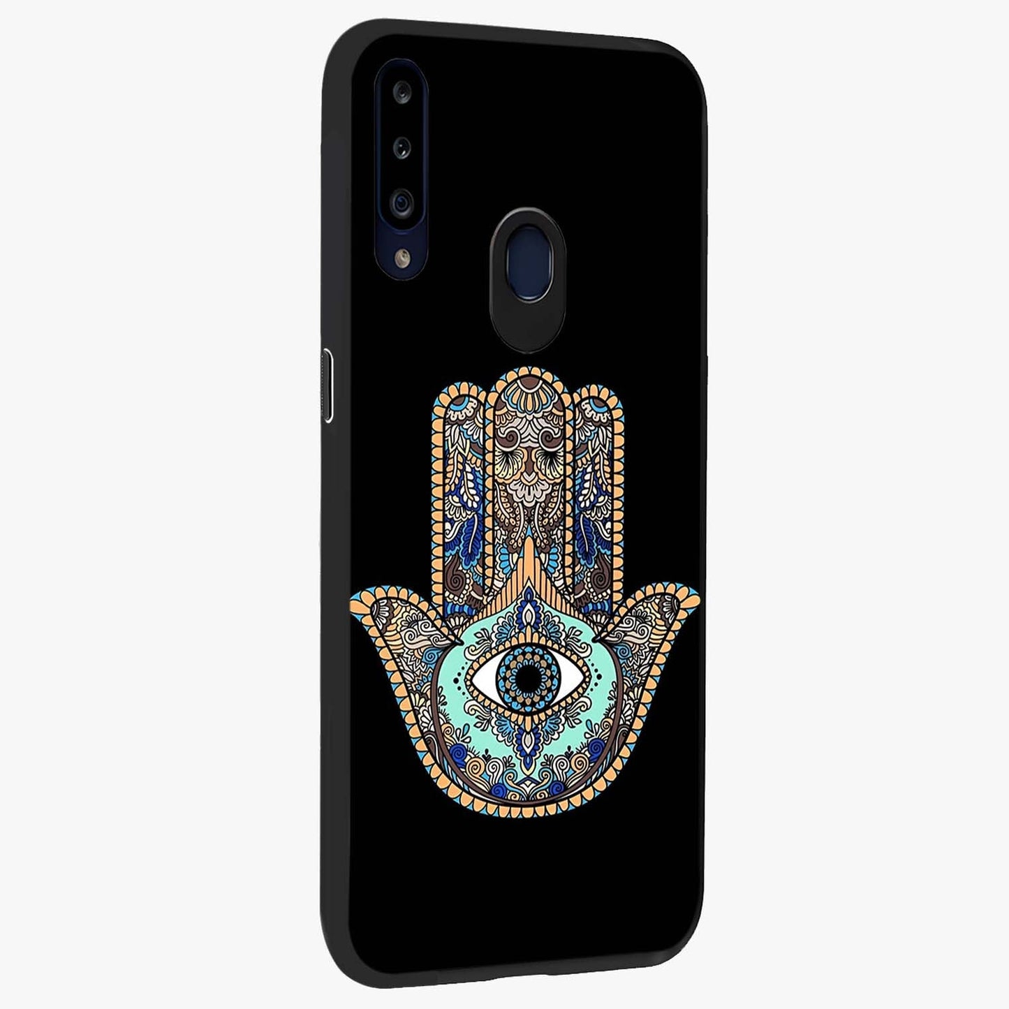 Mystic Hamsa Eye Glass Case upright view showcasing detailed hamsa eye artwork with protective spiritual theme.