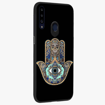 Mystic Hamsa Eye Glass Case upright view showcasing detailed hamsa eye artwork with protective spiritual theme.
