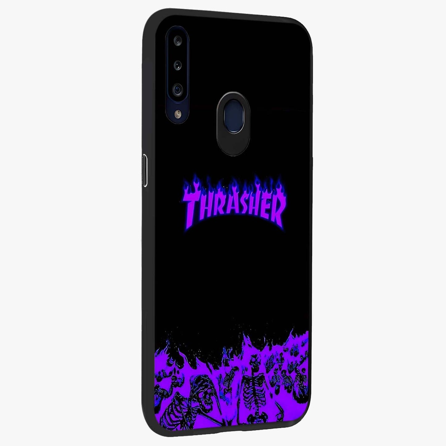Neon Flame Riot Glass Case upright view showcasing dynamic flame artwork with energetic neon theme.