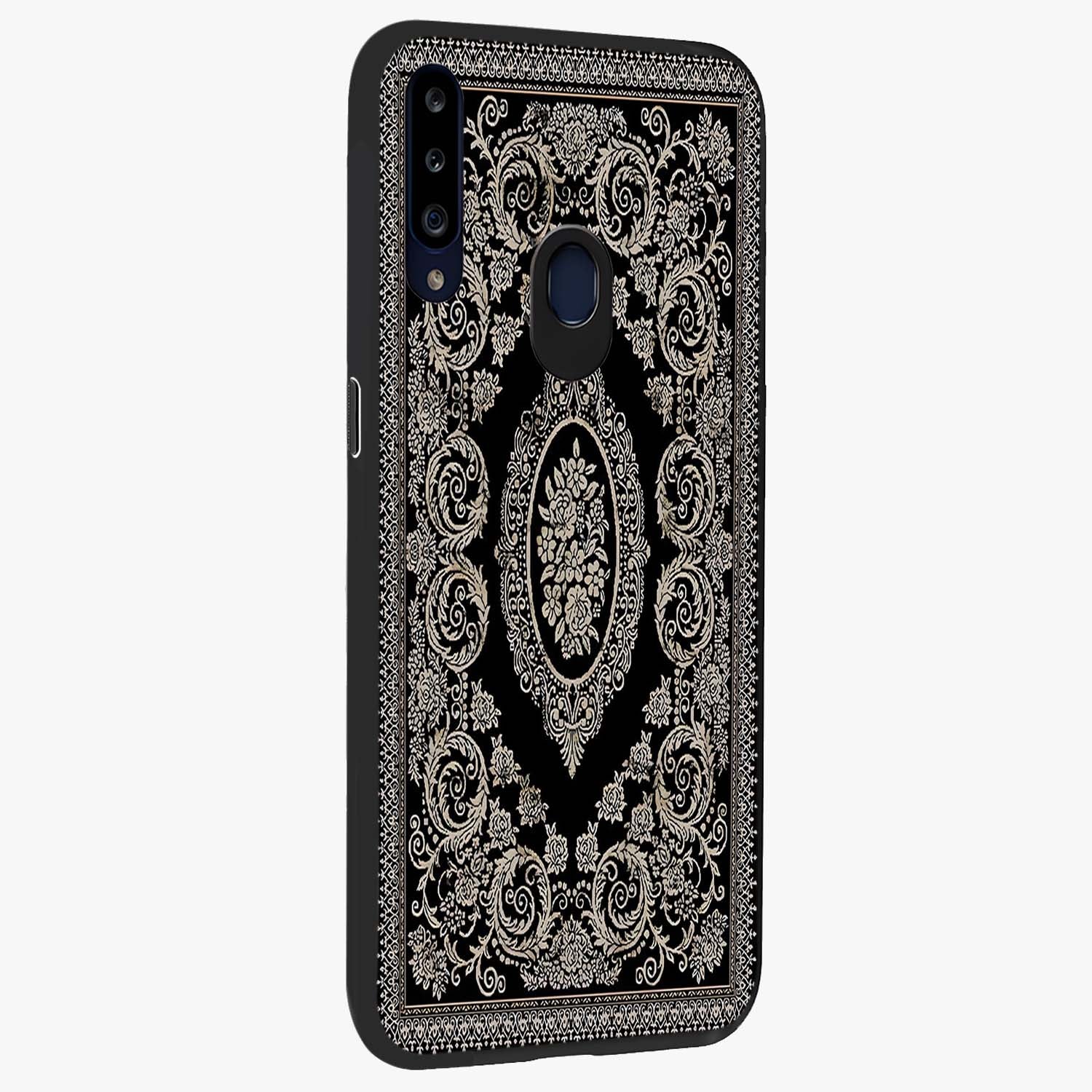 Noir Bloom Elegance Glass Case upright view showcasing graceful floral artwork with luxurious dark theme.