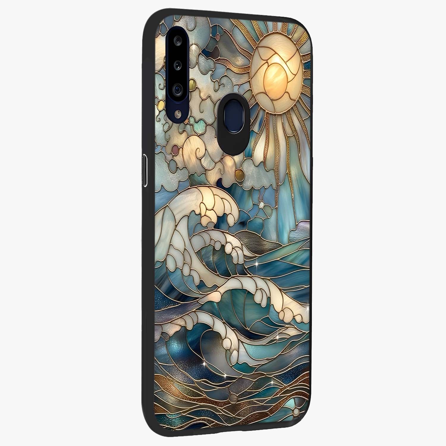 Oceanic Stained Printed Glass Case upright view showcasing decorative ocean pattern artwork with vibrant marine theme.