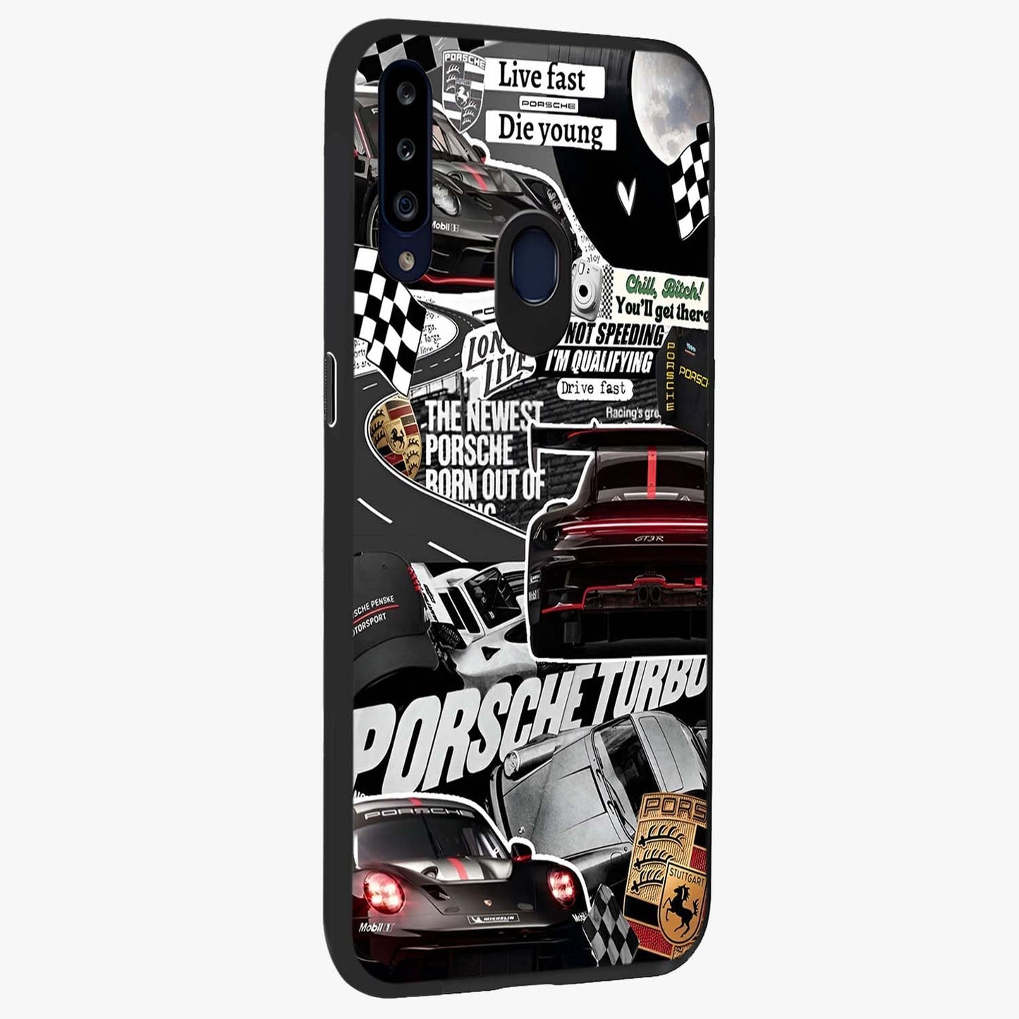 Porsche Racing Collage Glass Case upright view showcasing energetic car collage artwork with high speed racing theme.