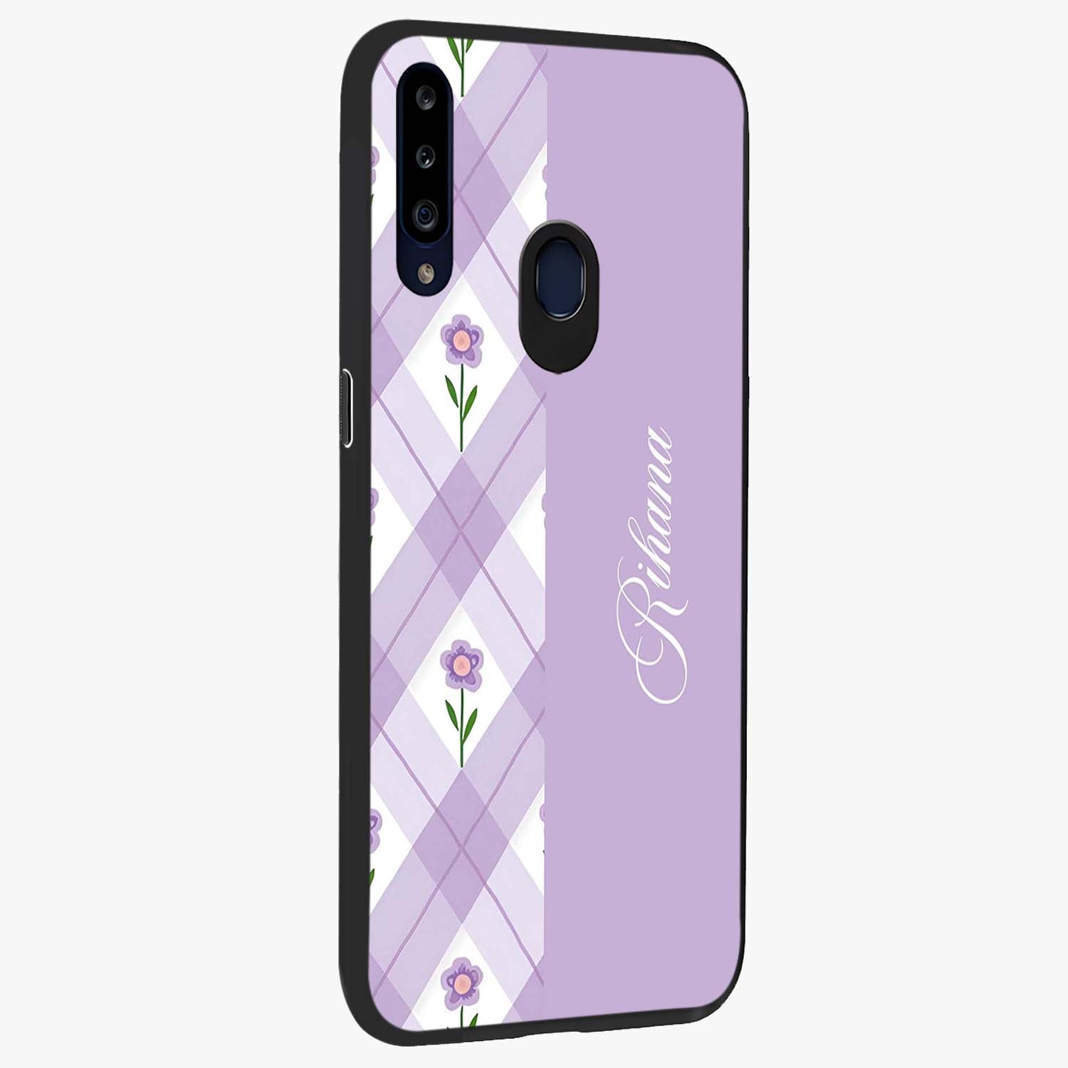 Purple Diamond Floral Glass Case upright view showcasing vibrant floral artwork with stylish geometric theme.