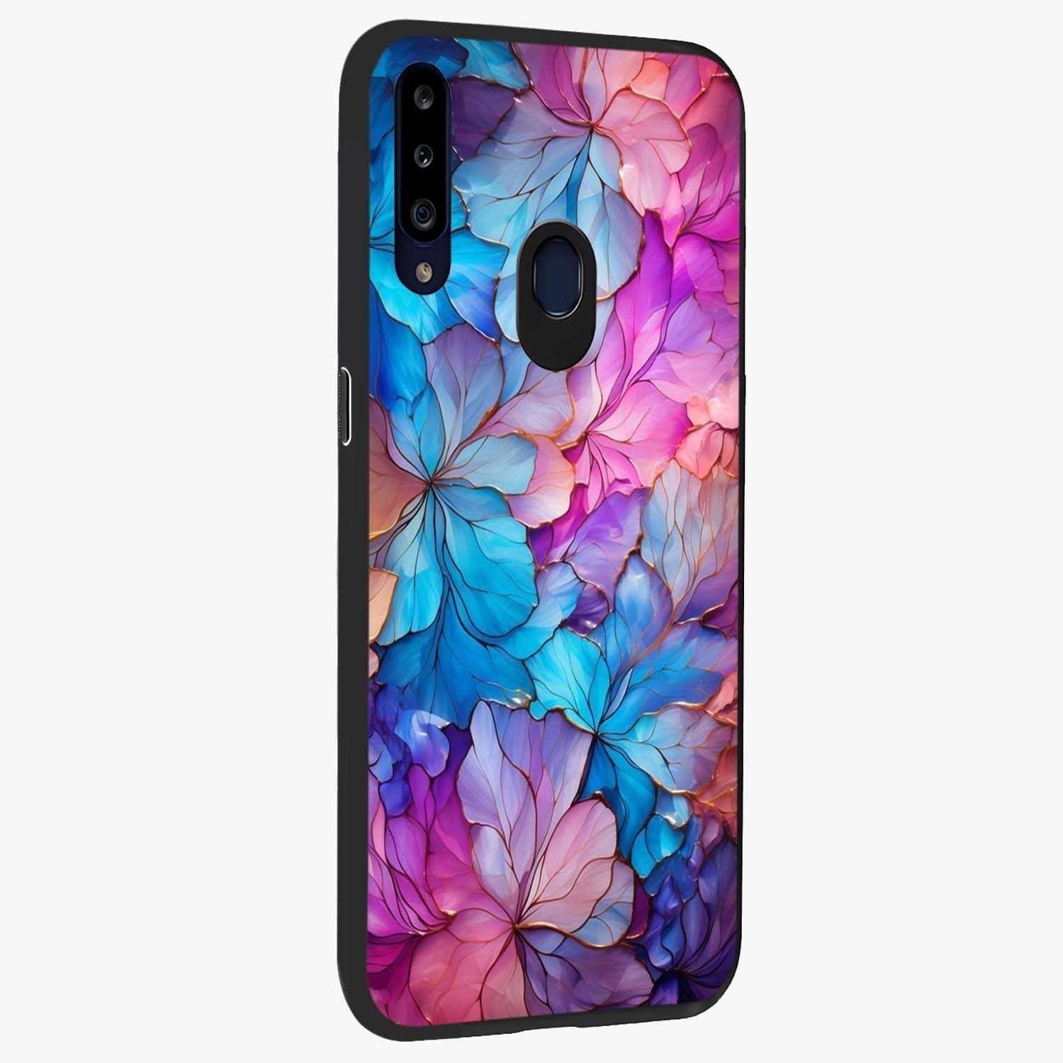 Radiant Floral Whirl Glass Case upright view showcasing lively floral artwork with decorative swirl theme.
