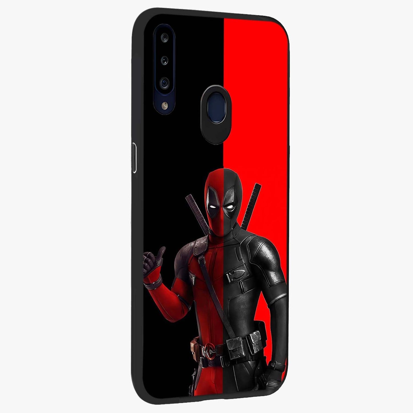 Red & Black Deadpool Theme Glass Case upright view showcasing energetic comic themed artwork with striking red and black design.