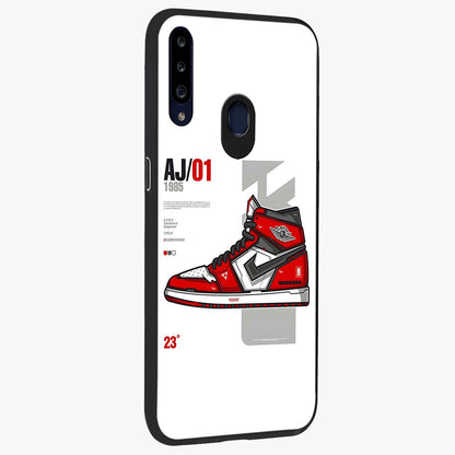 Retro Sneaker Blueprint Glass Case upright view showcasing stylish sneaker illustration with vintage streetwear theme.