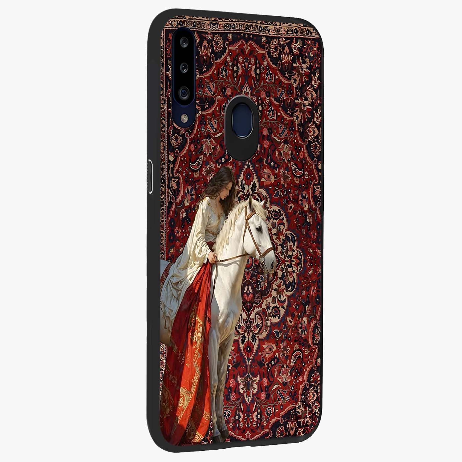 Royal Rider Tapestry Glass Case upright view showcasing detailed rider artwork with classic tapestry theme.