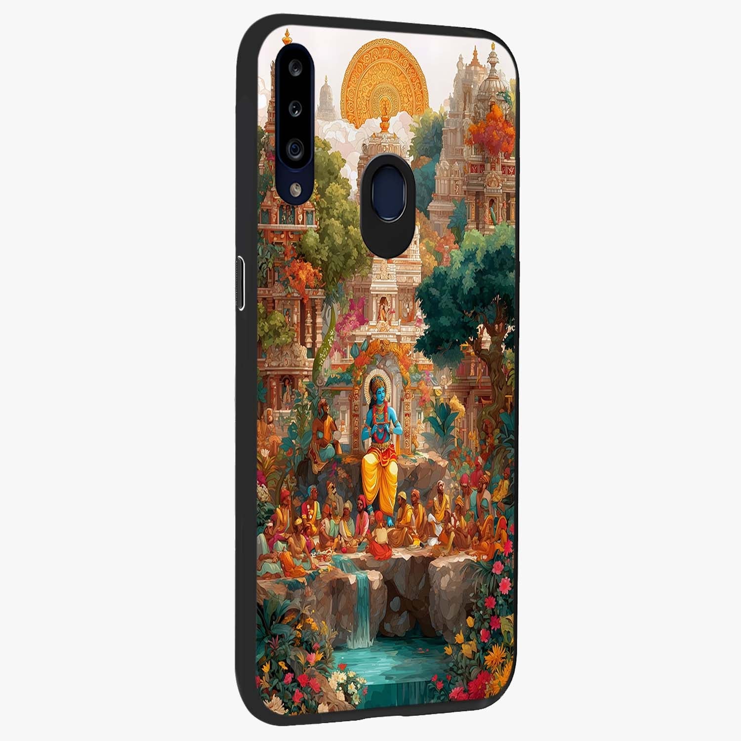 Sacred Sunlight Gods Glass Case upright view showcasing glowing divine artwork with sacred mythological theme.