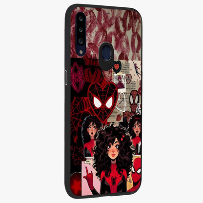 Spider Love Story Glass Case upright view showcasing charming superhero artwork with romantic comic theme.
