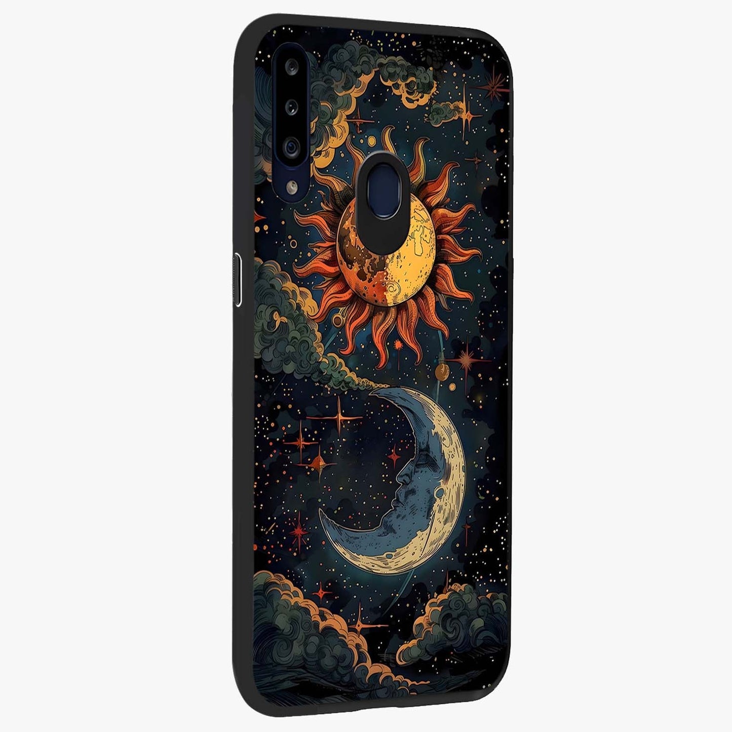 Sun And Moon Magic Design Glass Case upright view showcasing decorative sun and moon artwork with spiritual celestial theme.