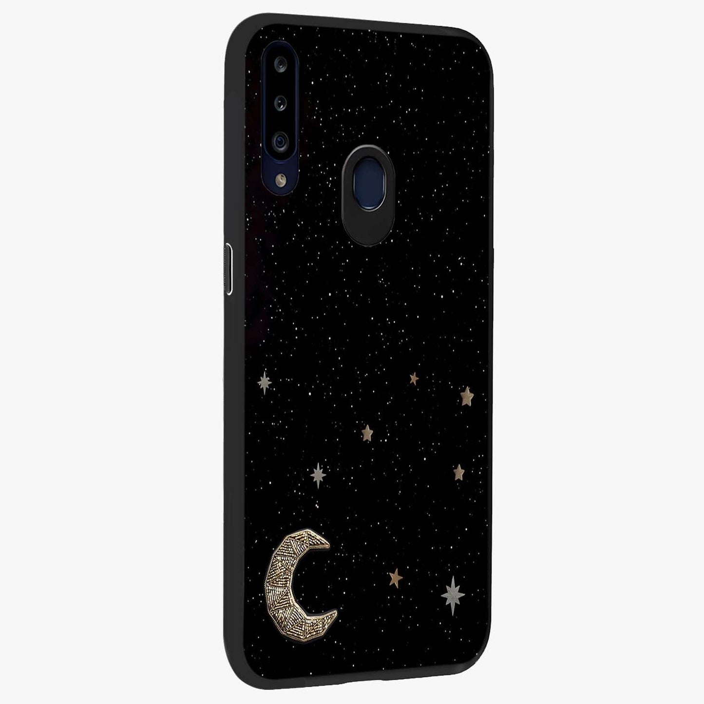 Twinkle Star With Half Moon Glass Case upright view showcasing glowing cosmic artwork with dreamy night theme.