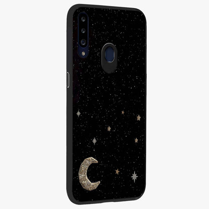 Twinkle Star With Half Moon Glass Case upright view showcasing glowing cosmic artwork with dreamy night theme.