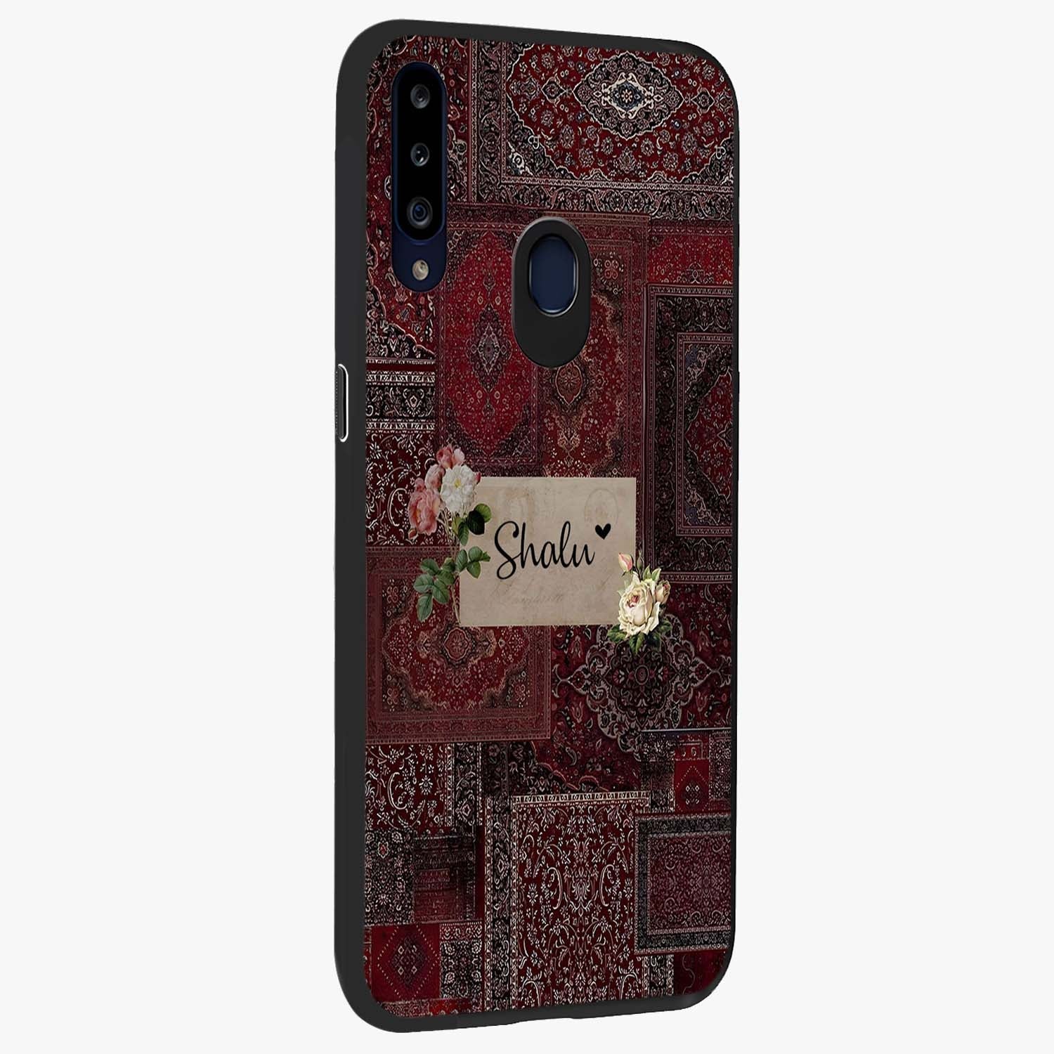 Velvet Wine Pattern Custom Name Glass Case upright view showcasing luxurious wine toned artwork with personalized aesthetic.