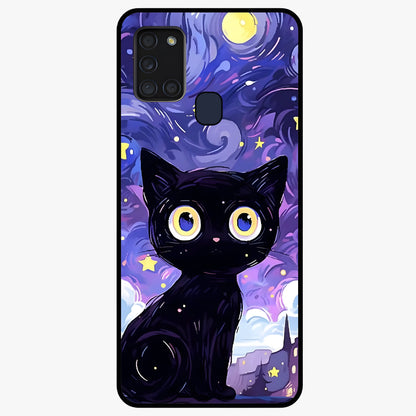 Abstract Cat Art Glass Case showing flat back view with artistic cat illustration and glossy glass finish.