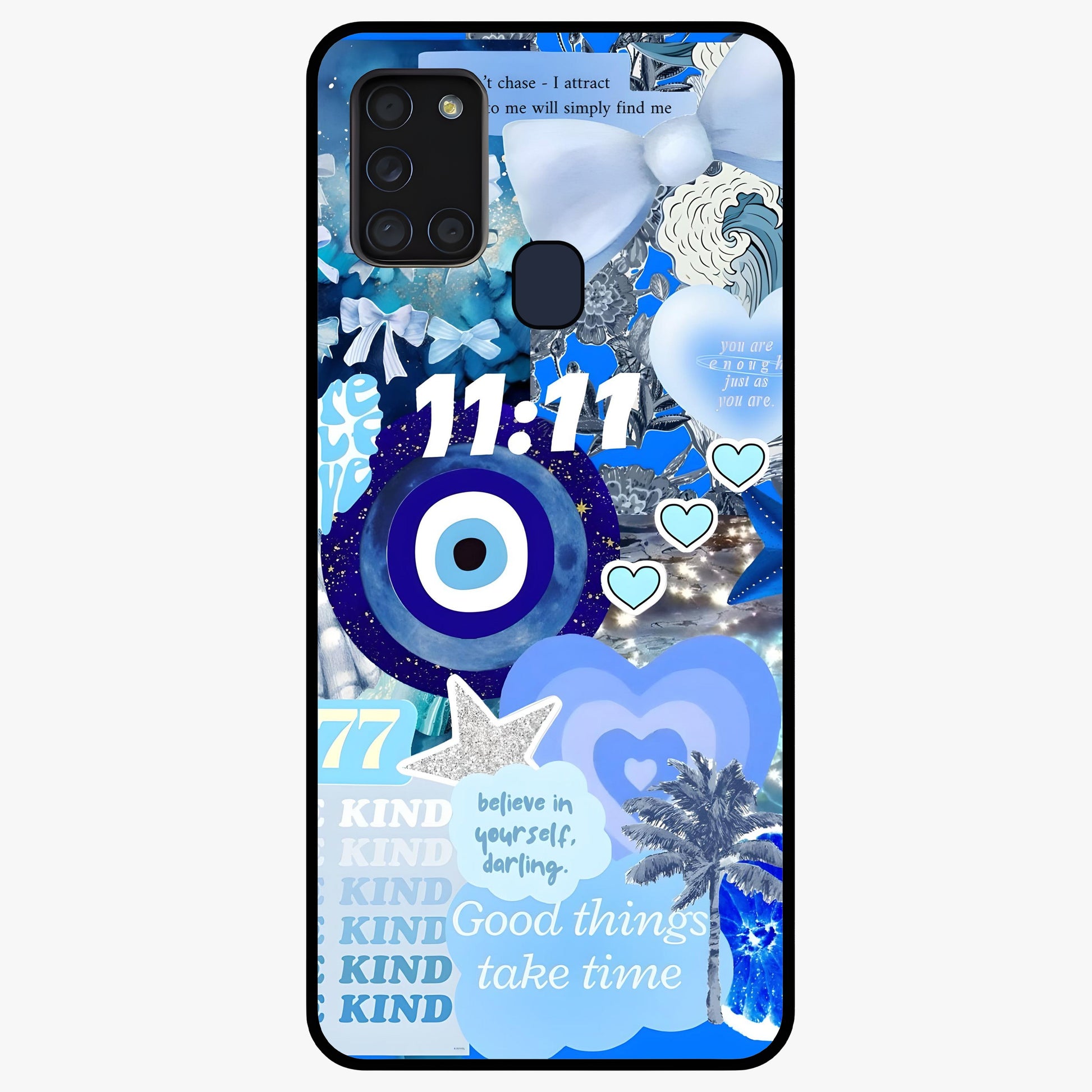 Aesthetic Be Kind Eye Glass Case showing flat back view with motivational eye artwork and glossy glass finish.