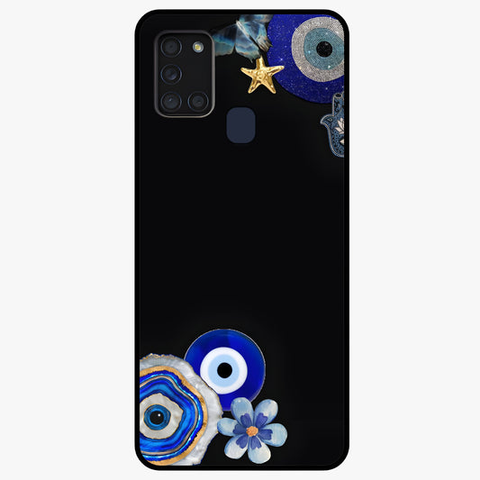 Aesthetic Blue Evil Eye Glass Case showing flat back view with protective evil eye artwork and glossy glass finish.