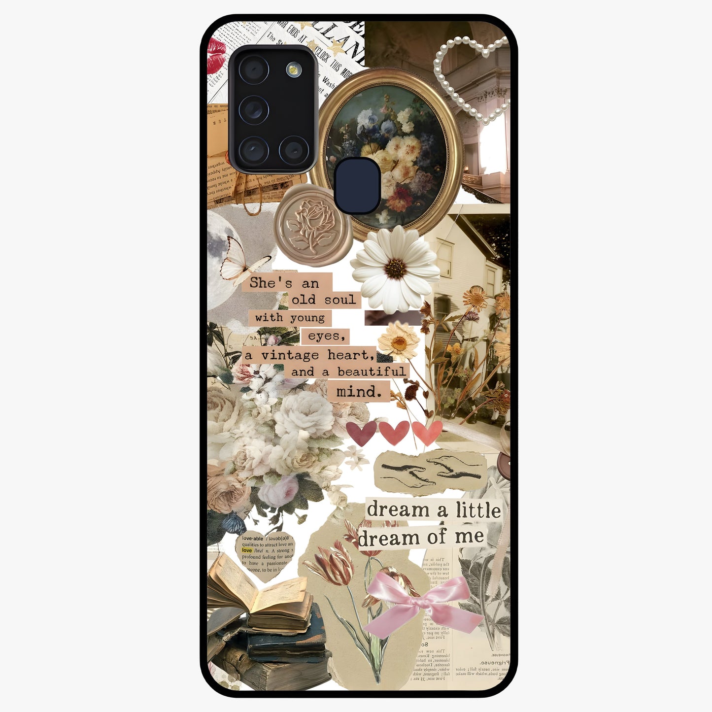Aesthetic Brown Vintage Collage Glass Case showing flat back view with retro collage artwork and glossy glass finish.