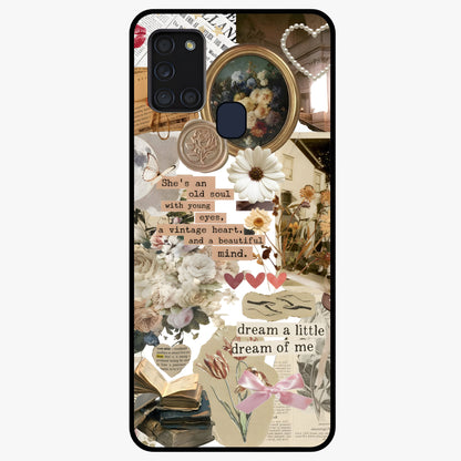 Aesthetic Brown Vintage Collage Glass Case showing flat back view with retro collage artwork and glossy glass finish.