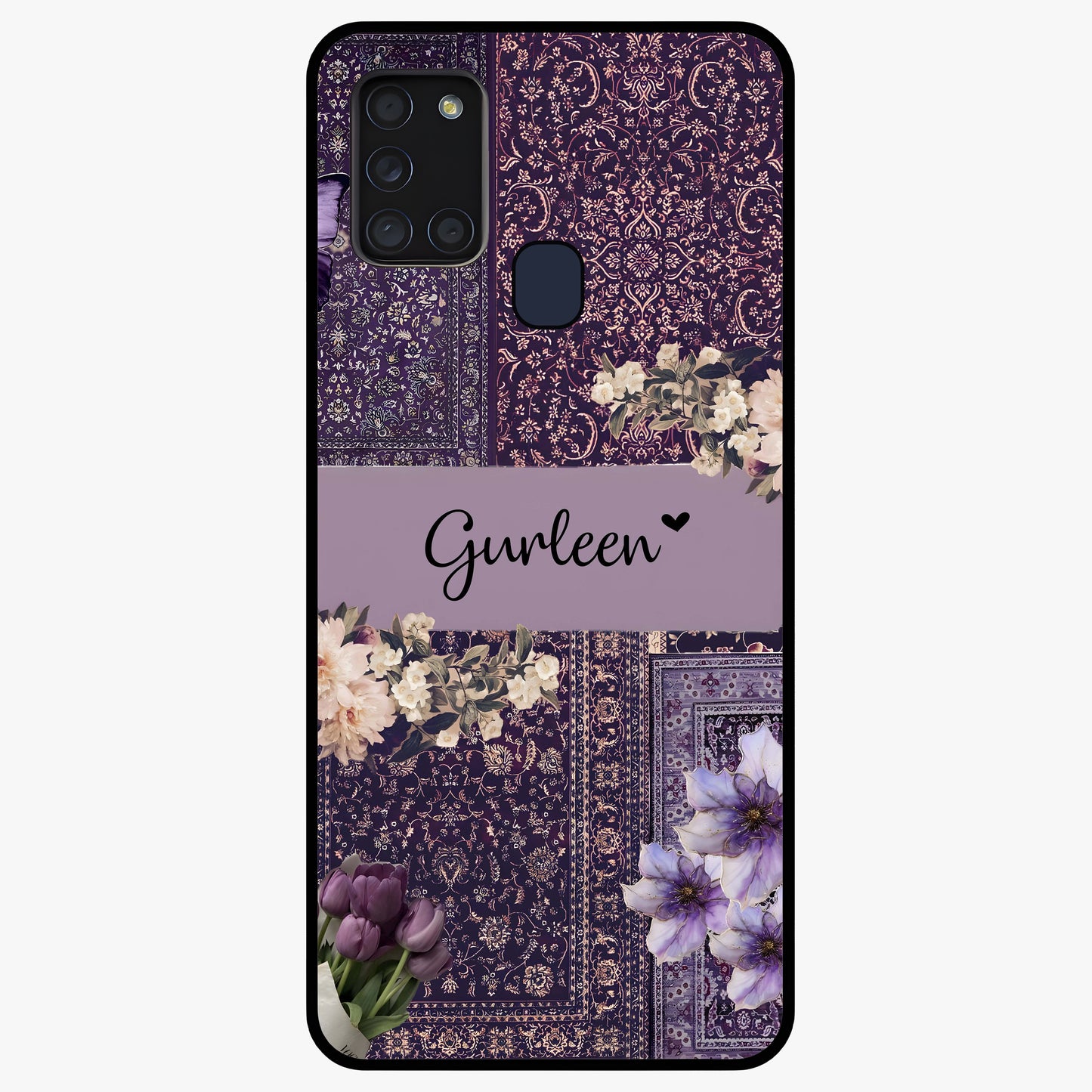 Antique Floral Whisper Custom Name Glass Case showing flat back view with vintage floral artwork and personalized name design.