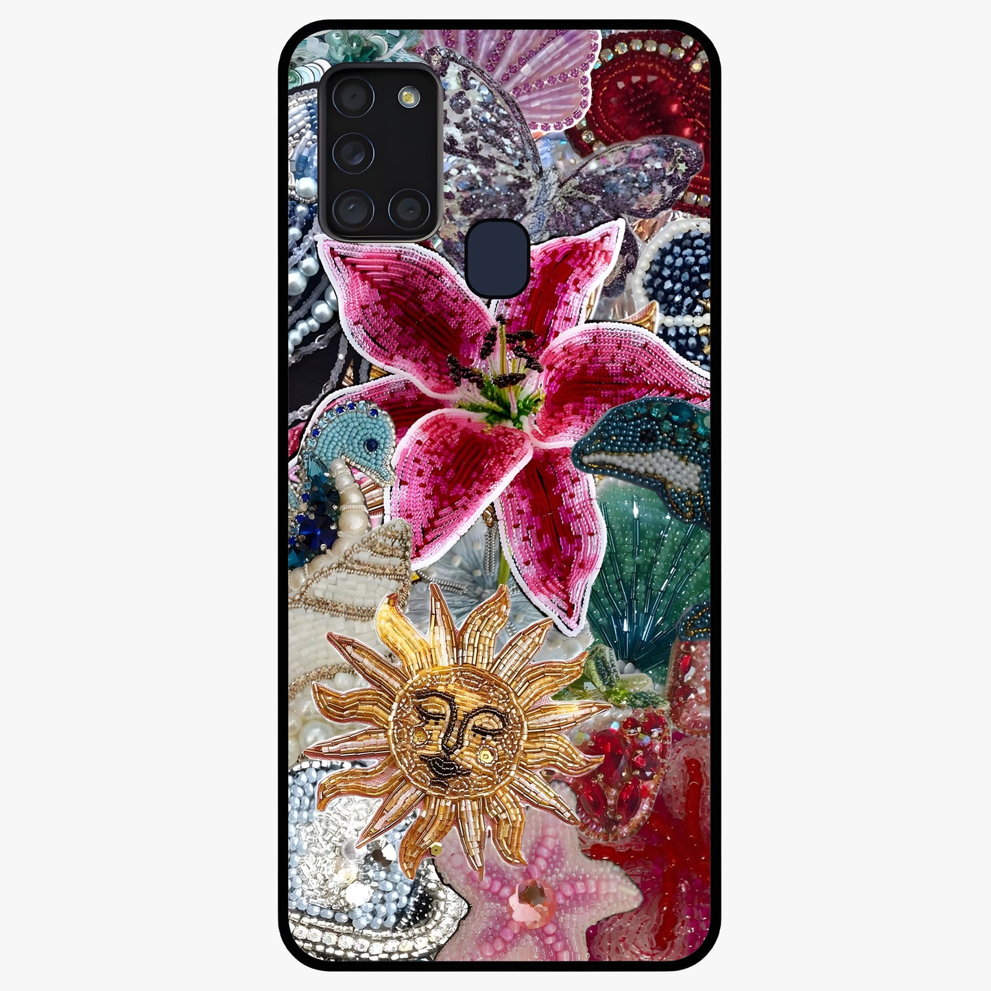 Beaded Garden Fantasy Glass Case showing flat back view with dreamy garden bead artwork and glossy glass finish.