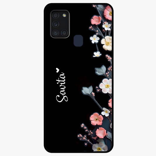 Black Elegance Floral Custom Name Glass Case showing flat back view with elegant floral artwork and personalized name design.