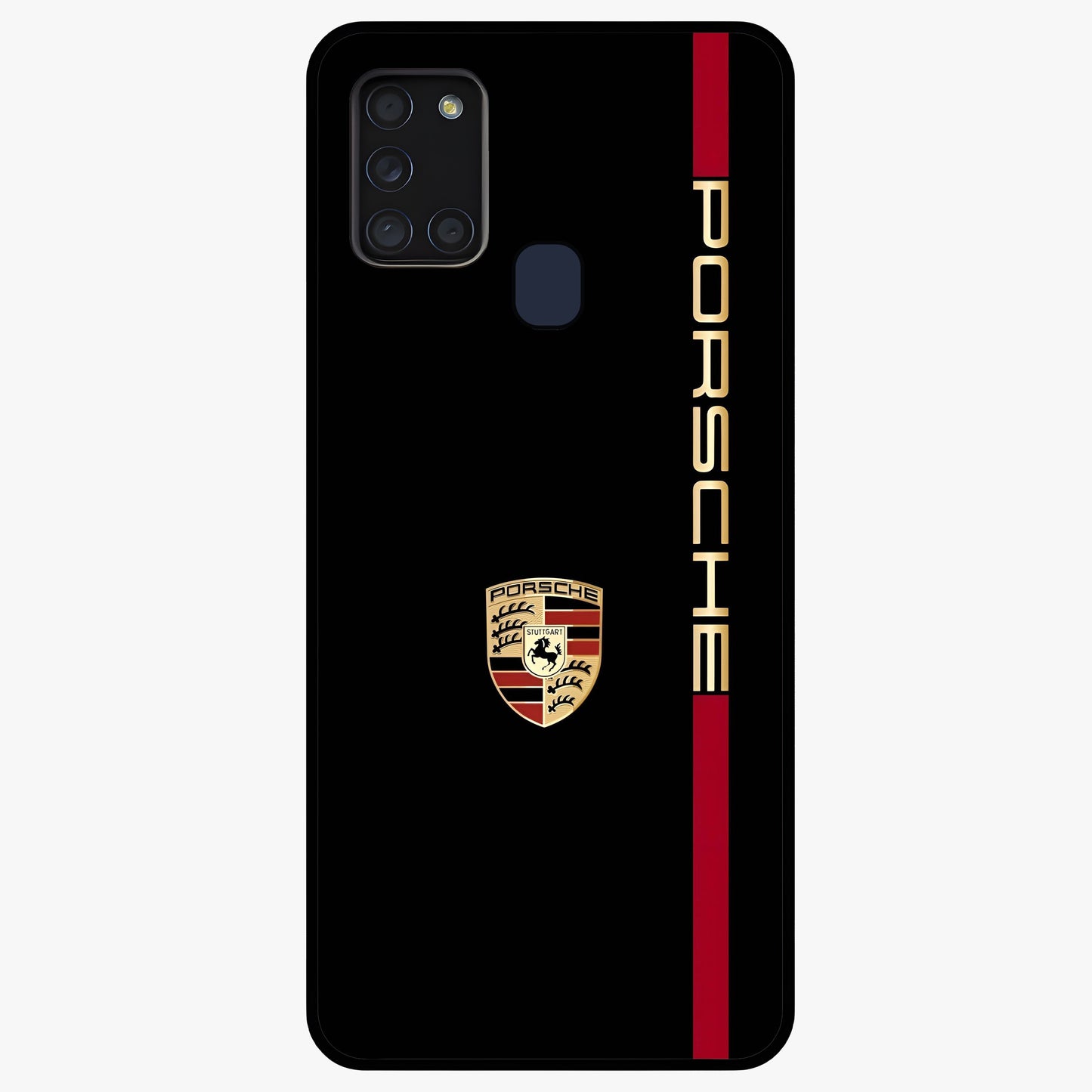 Black Minimal Porsche Glass Case showing flat back view with sleek minimal sports car artwork and glossy glass finish.