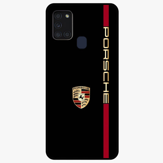 Black Minimal Porsche Glass Case showing flat back view with sleek minimal sports car artwork and glossy glass finish.