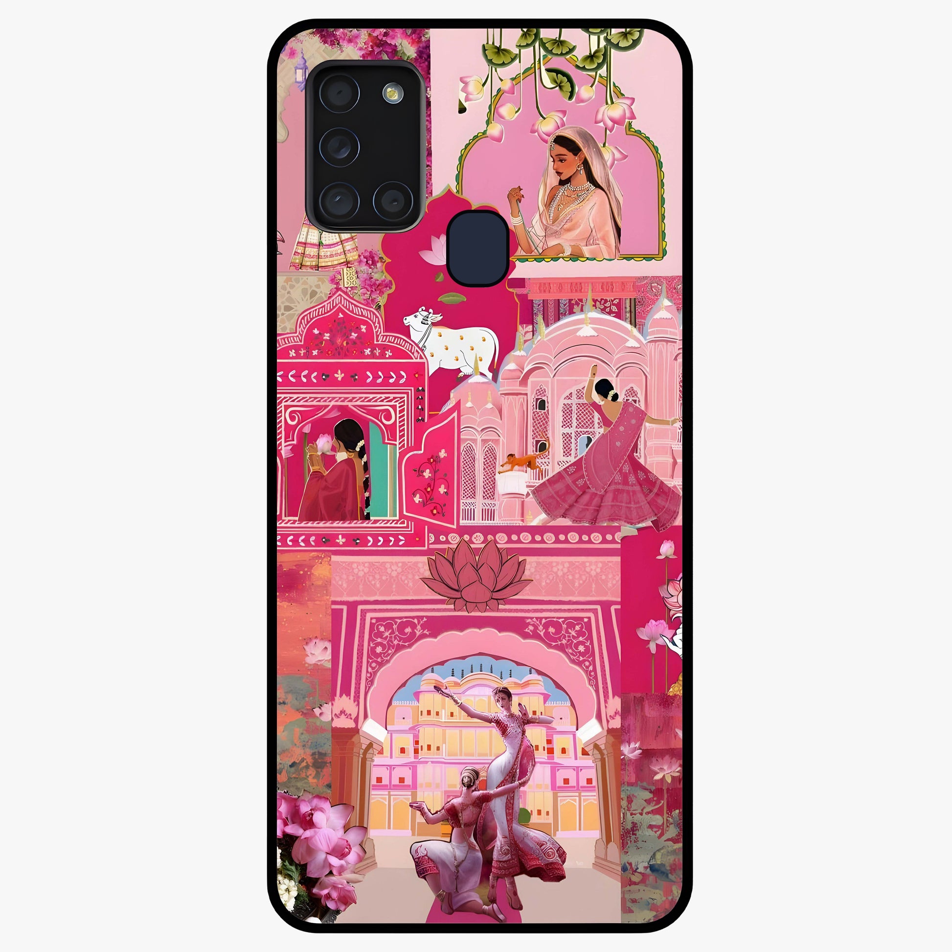Blossoms of Rajasthan Glass Case showing flat back view with traditional floral artwork inspired by Rajasthan and glossy glass finish.