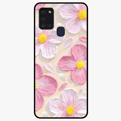 Blush Bloom Texture Glass Case showing flat back view with soft blush floral texture artwork and glossy glass finish.