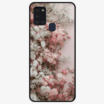 Blush Blossom Cloud Glass Case showing flat back view with dreamy blush cloud blossom artwork and glossy glass finish.