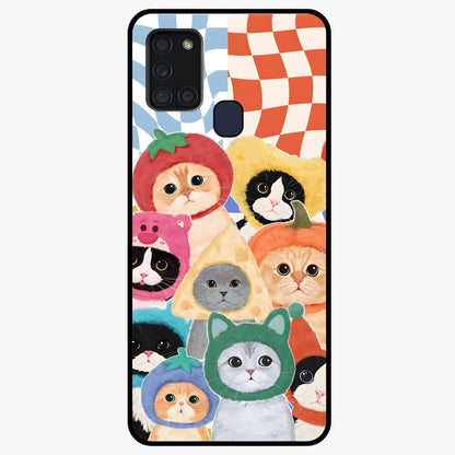 Cats in Fruits Glass Case showing flat back view with playful cat illustrations inside fruit artwork and glossy glass finish.