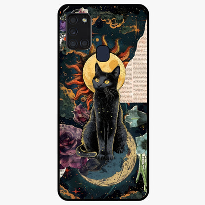 Celestial Black Cat Glass Case showing flat back view with mystical black cat artwork and glossy glass finish.