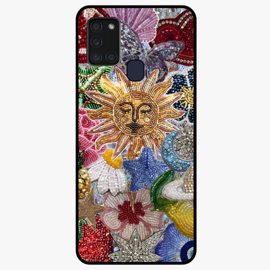 Celestial Floral and Playful Glass Case showing flat back view with floral and celestial themed artwork and glossy glass finish.