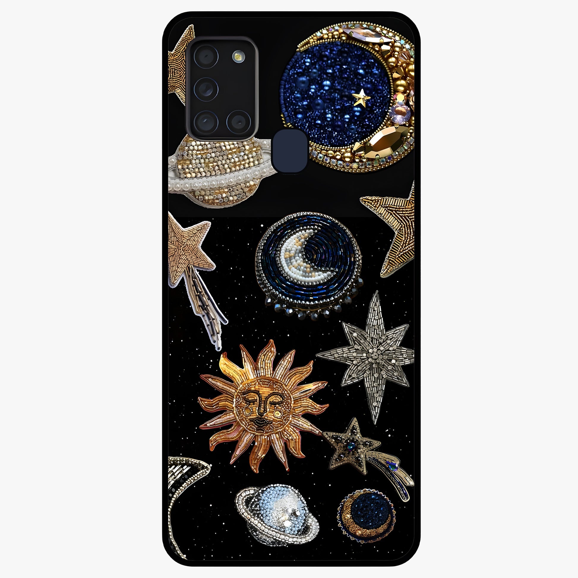 Celestial Gem Constellations Glass Case showing flat back view with sparkling constellation artwork and glossy glass finish.