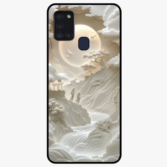 Celestial Origami Glass Case showing flat back view with artistic origami inspired celestial artwork and glossy glass finish.