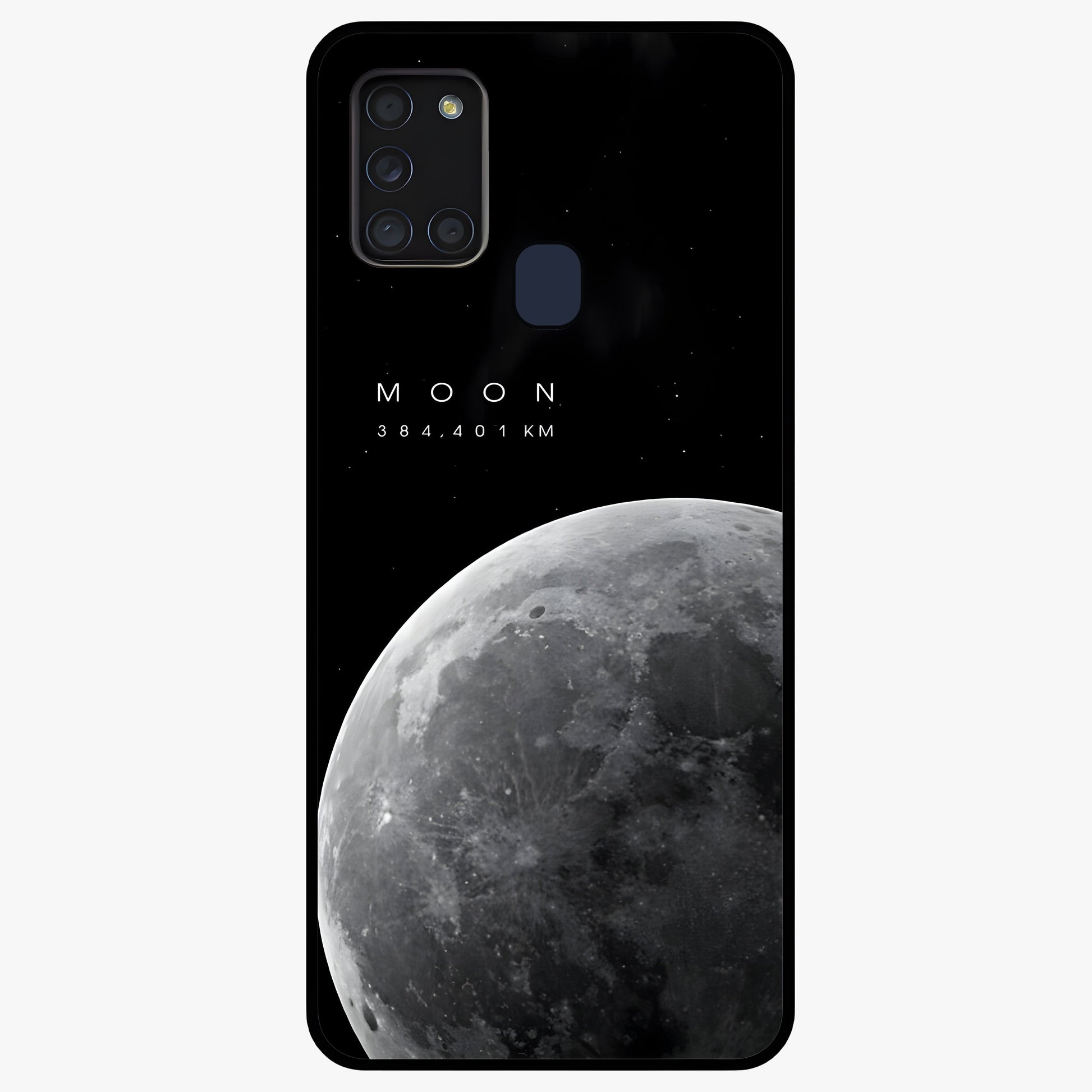Cosmic Moon Glow Glass Case showing flat back view with glowing moon artwork and glossy glass finish.