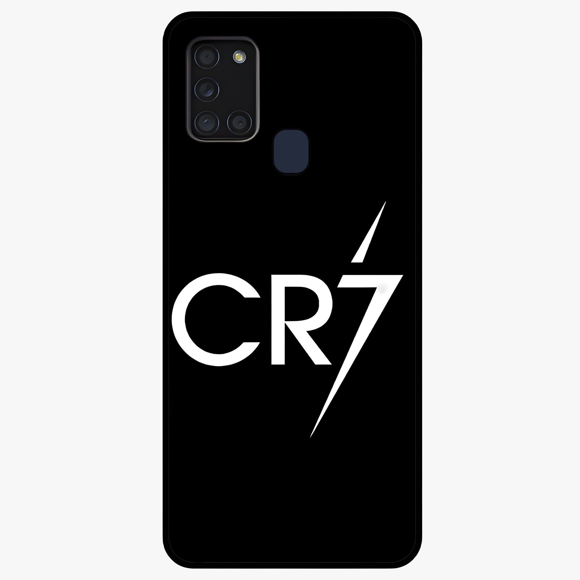 Cr7 Elite Strike Glass Case showing flat back view with dynamic football inspired artwork and glossy glass finish.